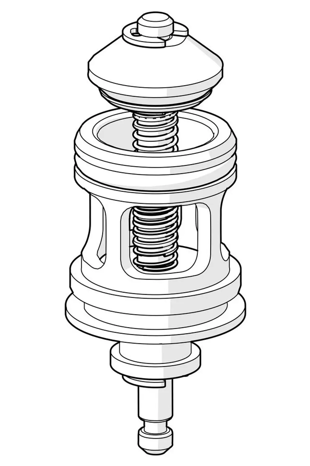 Automatischer Umsteller von HANSA mit spiralförmiger Federmechanik, transparentem Gehäuse und zwei Anschlüssen für Wasserleitungen.